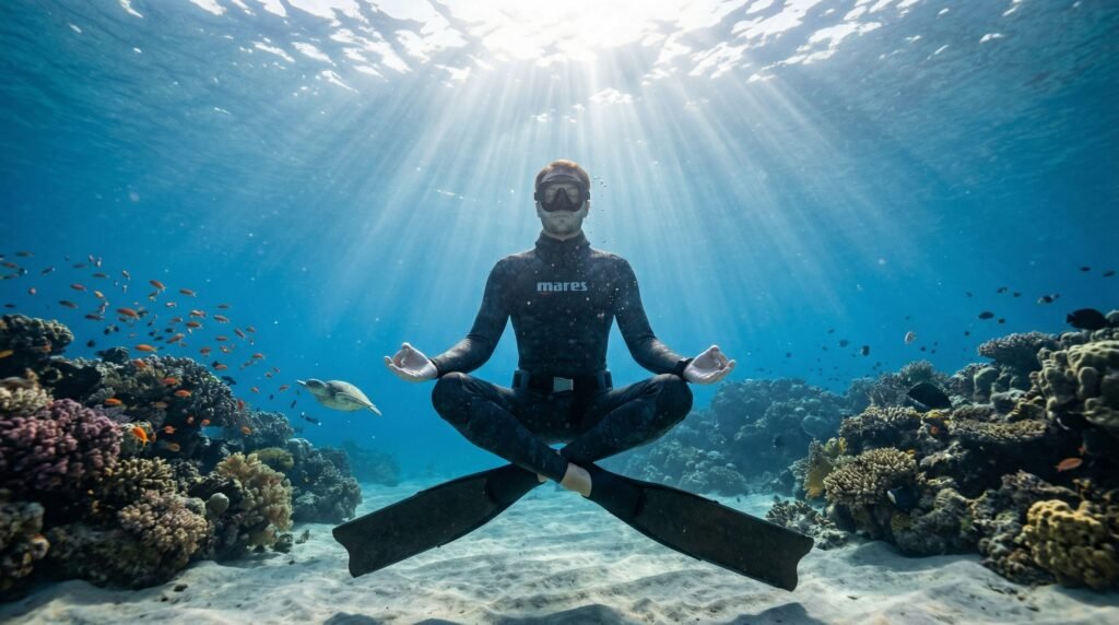 غواص حر في حالة استرخاء تحت الماء أثناء الغوص