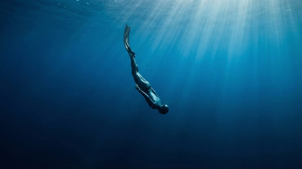 غواص حر محترف ينزل بعمق في البحر بدون معدات تنفس