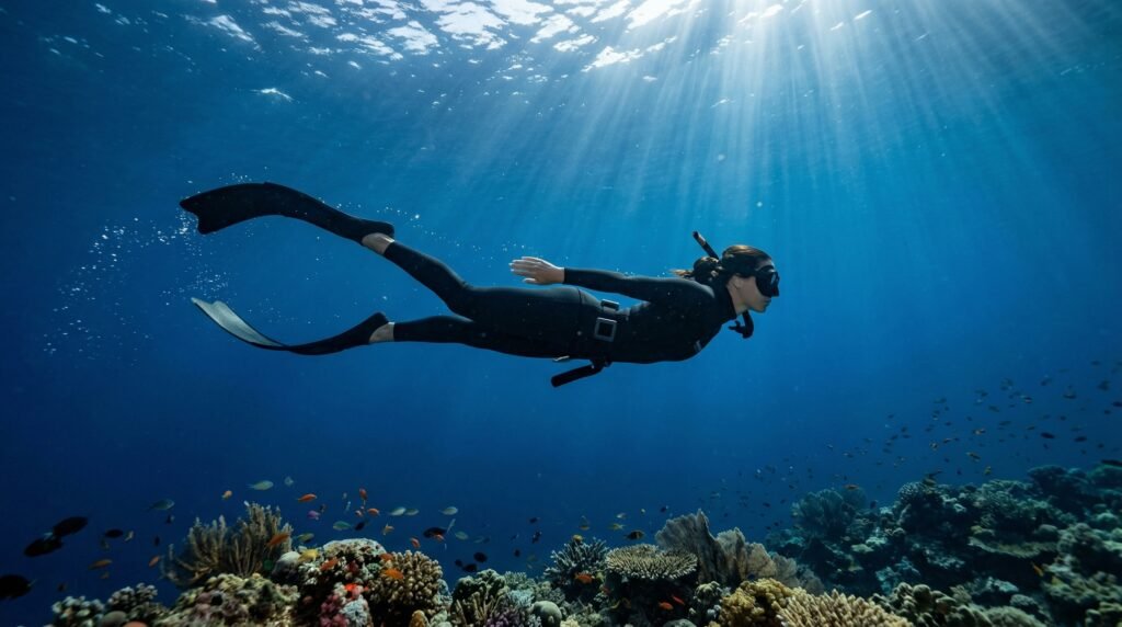 غواص حر يتحرك بانسيابية تحت الماء بثقة