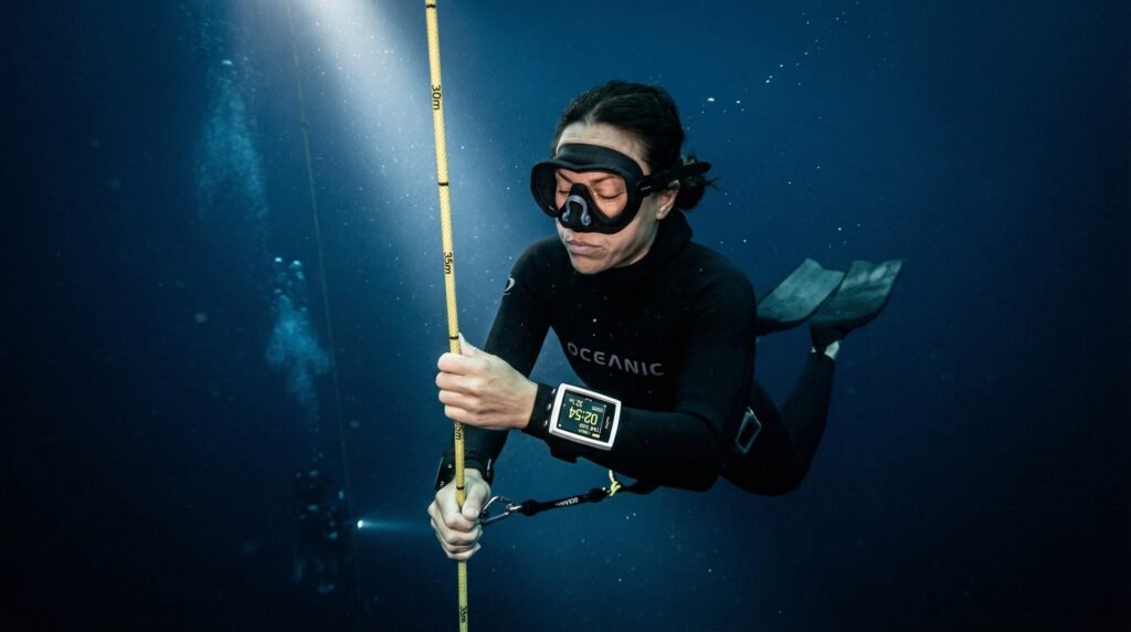 غواص حر يتدرب على تحمل ثاني أكسيد الكربون أثناء حبس النفس