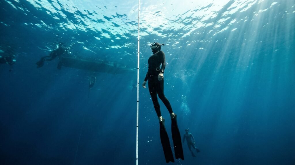 غواص حر يتدرب على تقنية السلم في تدريبات الغوص الحر