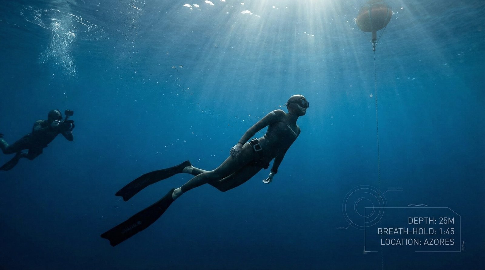 غواص حر يتدرب على حبس النفس تحت الماء في بيئة بحرية هادئة