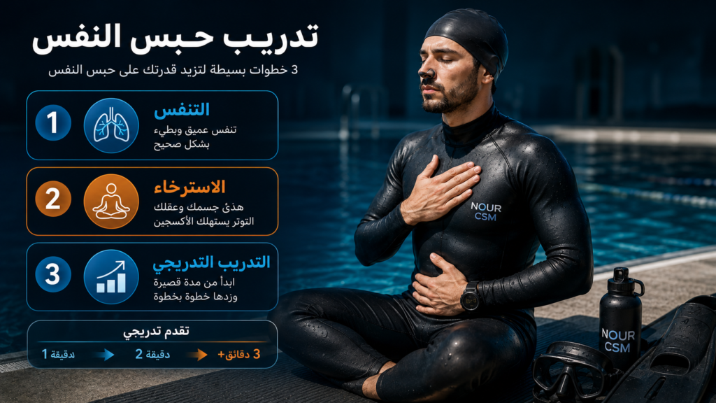 غواص حر يتدرّب على تقنيات التنفس وحبس النفس بجانب المسبح ضمن برنامج تدريجي لتحسين الأداء وزيادة مدة البقاء تحت الماء بأمان.