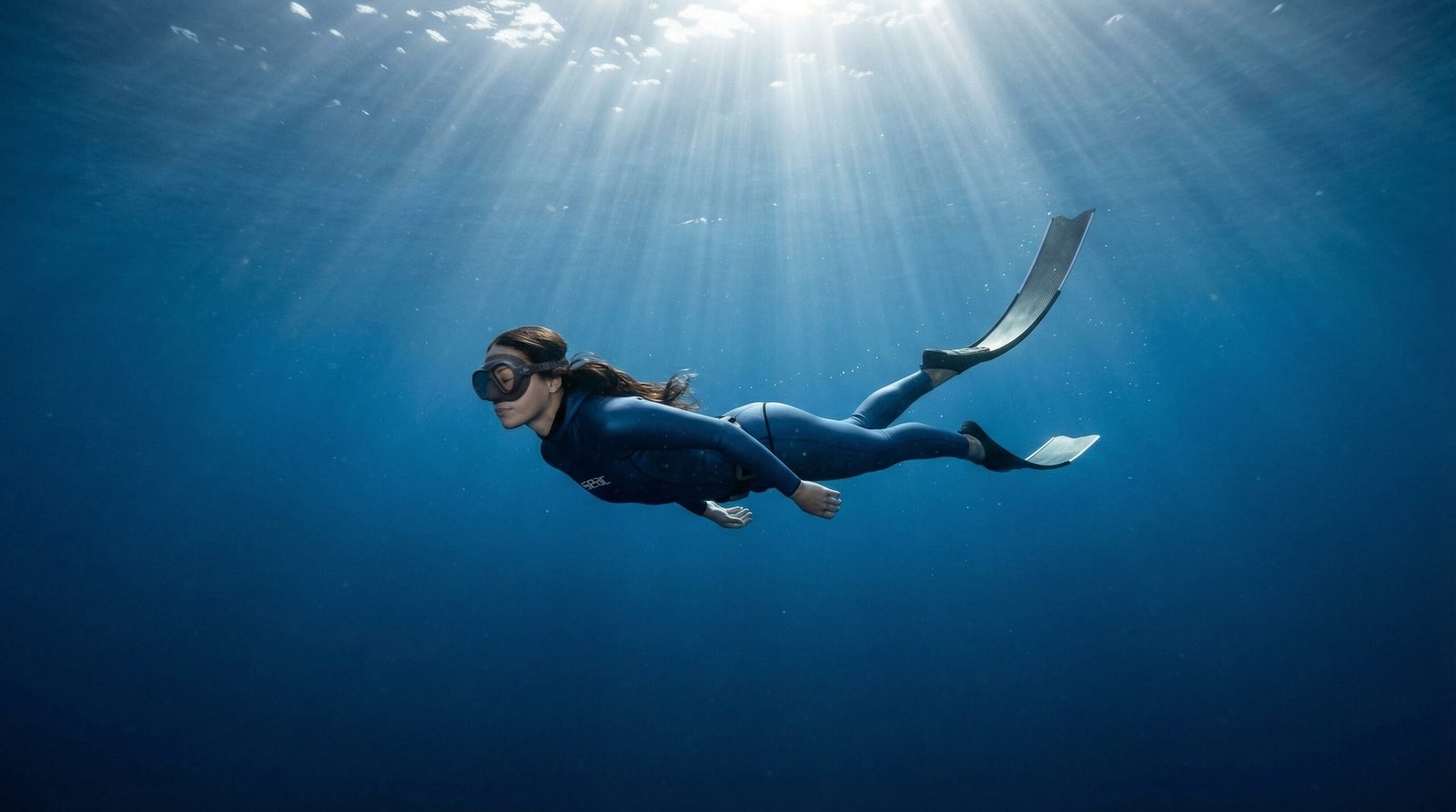 غواص حر يحبس أنفاسه بهدوء في أعماق البحر مع أشعة الشمس