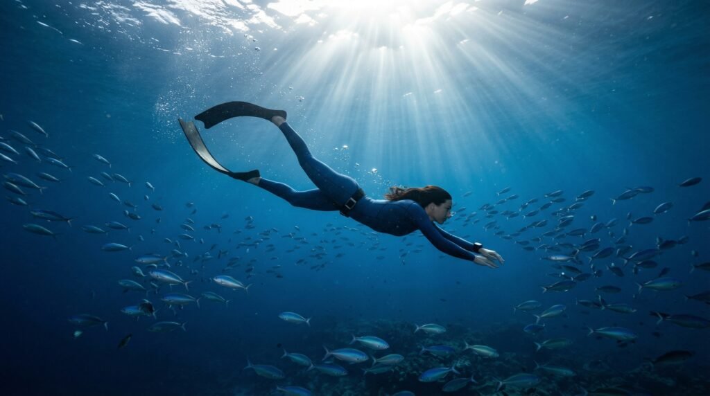 غواص حر يسبح بهدوء في أعماق البحر