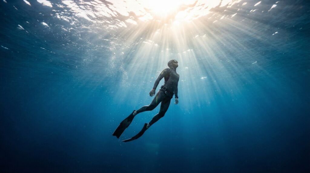 غواص حر يصعد نحو ضوء الشمس في نهاية الغوص