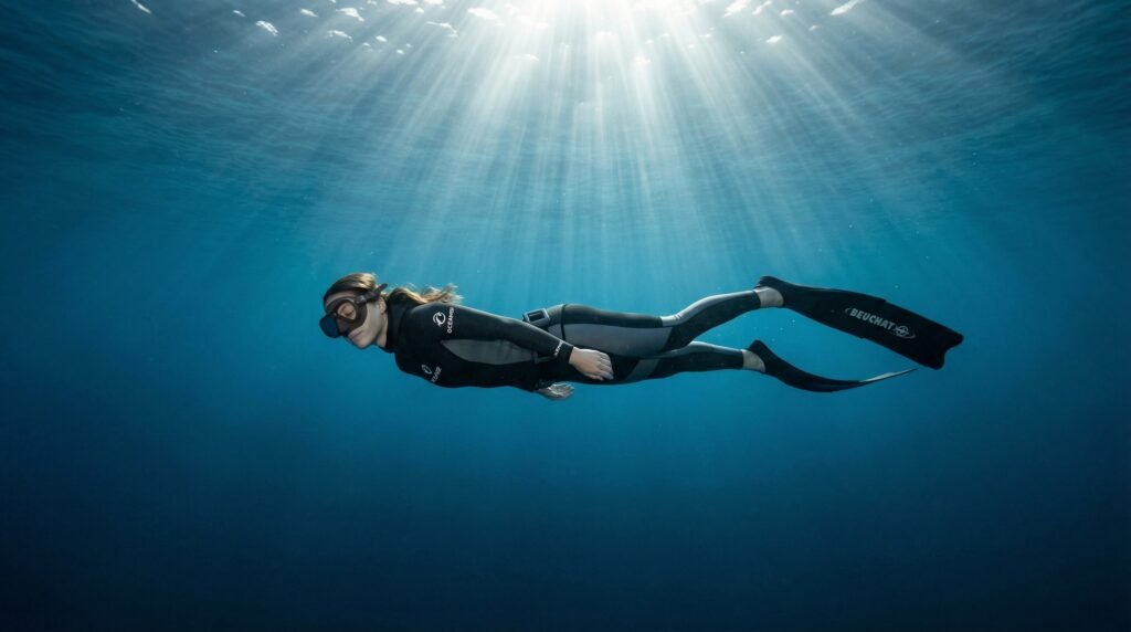 غواص حر يطفو بهدوء تحت الماء أثناء تدريب حبس النفس