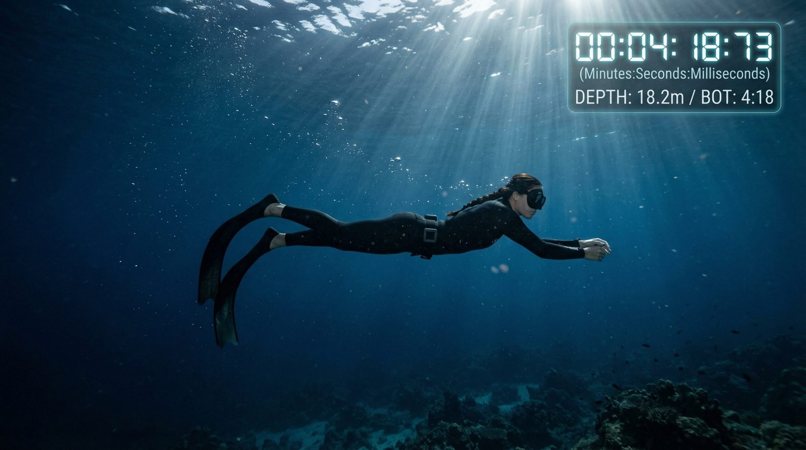 غواص حر يطفو بهدوء تحت الماء أثناء حبس النفس في بيئة بحرية زرقاء صافية