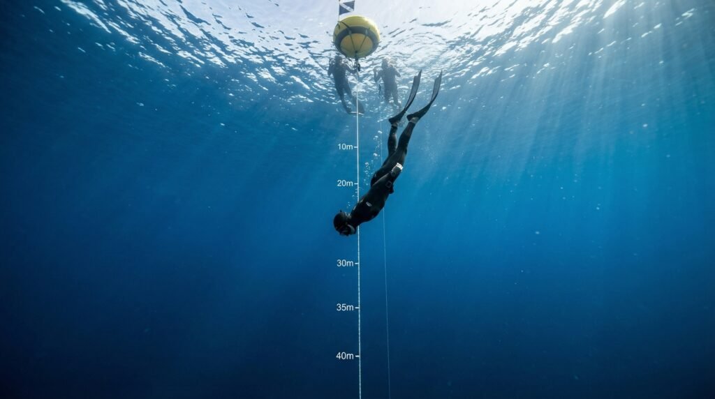 غواص حر يغوص تدريجياً أثناء تدريب حبس النفس