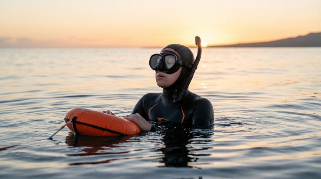 غواص حر يمارس تمارين التنفس قبل الغوص