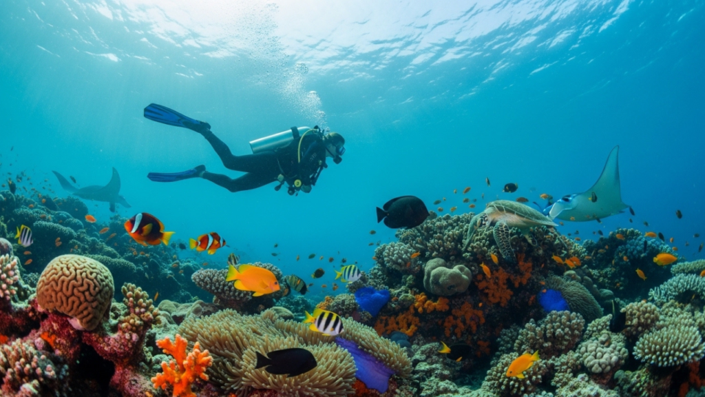 غواص يستكشف الشعاب المرجانية بهدوء وفق قواعد الغوص الآمن