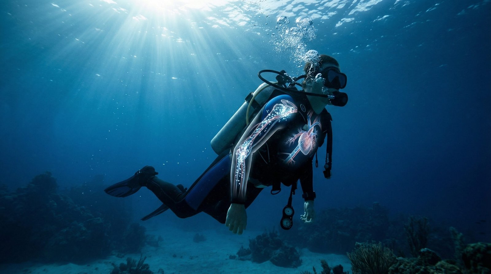 غواص يصعد نحو سطح البحر مع تمثيل علمي لفقاعات النيتروجين داخل جسمه نتيجة مرض تخفيف الضغط