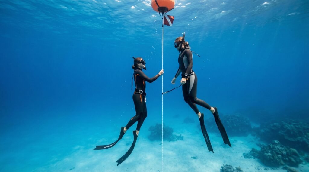 غواصان حران يتدربان معًا وفق قاعدة الرفيق في الغوص