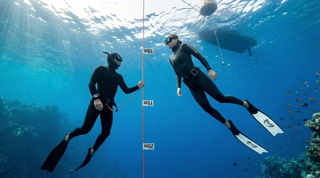 غواصان يطبقان نظام السلامة أثناء الغوص الحر