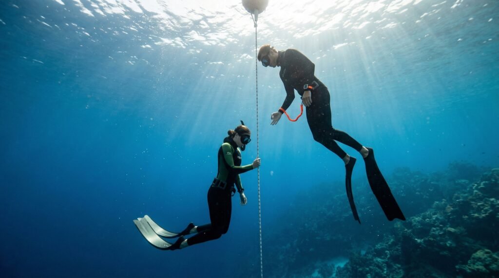 غواصان يمارسان نظام الأمان في الغوص الحر