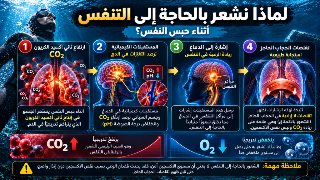 إنفوغرافيك يشرح لماذا نشعر بالحاجة إلى التنفس أثناء حبس النفس، ودور ارتفاع ثاني أكسيد الكربون CO₂ والمستقبلات الكيميائية والدماغ وتقلصات الحجاب الحاجز، مع توضيح خطر انخفاض الأكسجين O₂.