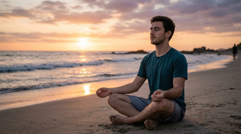 مبتدئ يتدرب على حبس النفس في وضعية هادئة قرب البحر