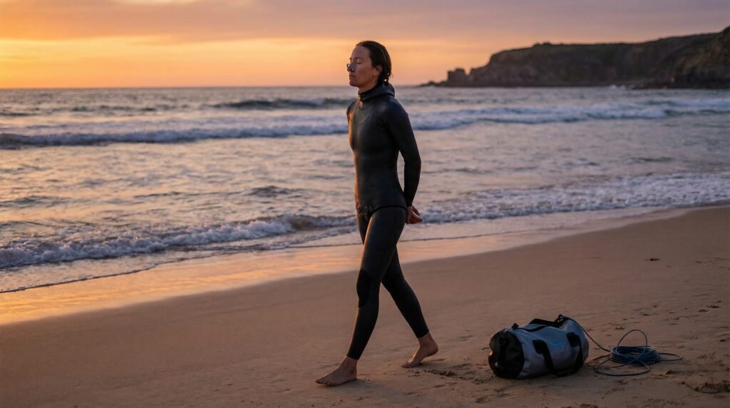 متدرب يمارس تمرين المشي مع حبس النفس على الشاطئ