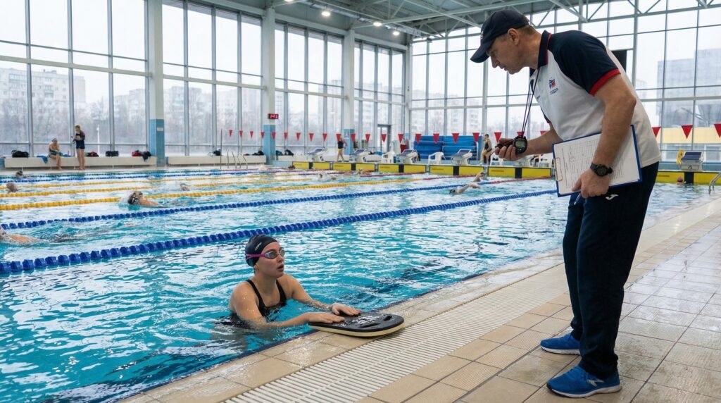 مدرب سباحة يشرف على تمارين التنفس في المسبح