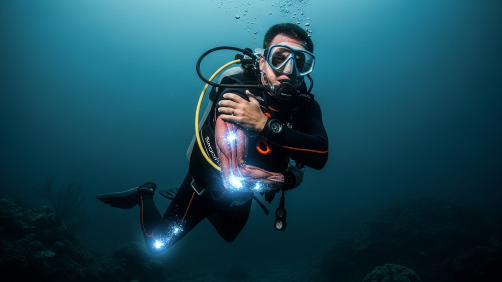 معاناة غواص من ألم المفاصل تحت الماء نتيجة مرض تخفيف الضغط