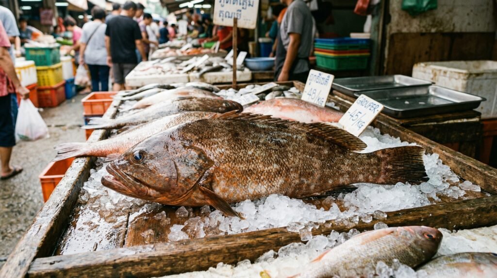 سمك الهامور الطازج في سوق الأسماك