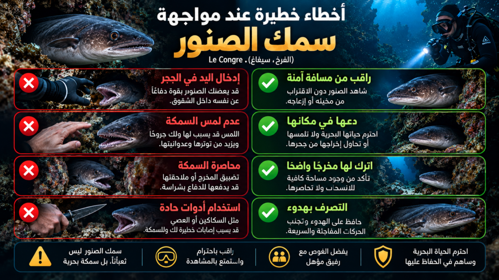 إنفوغرافيك يقارن بين الأخطاء الخطيرة والتصرفات الآمنة عند مواجهة سمك الصنور أثناء الغوص.