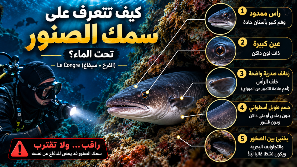 إنفوغرافيك يوضح كيفية التعرف على سمك الصنور Conger conger تحت الماء من خلال الرأس والجسم والزعانف الصدرية.