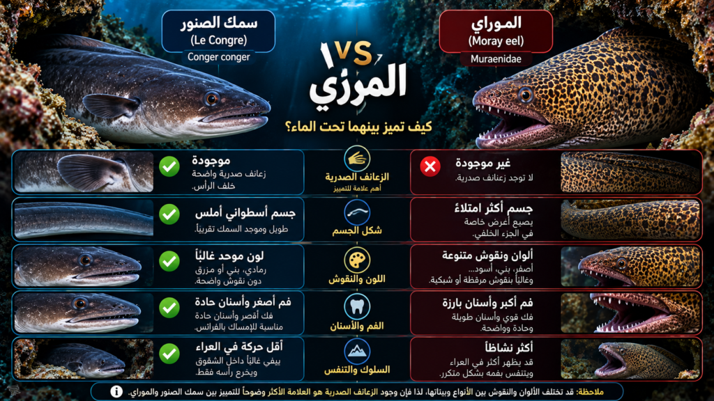 مقارنة مصورة بين سمك الصنور Conger conger والموراي توضح الفرق في الزعانف الصدرية وشكل الرأس واللون.