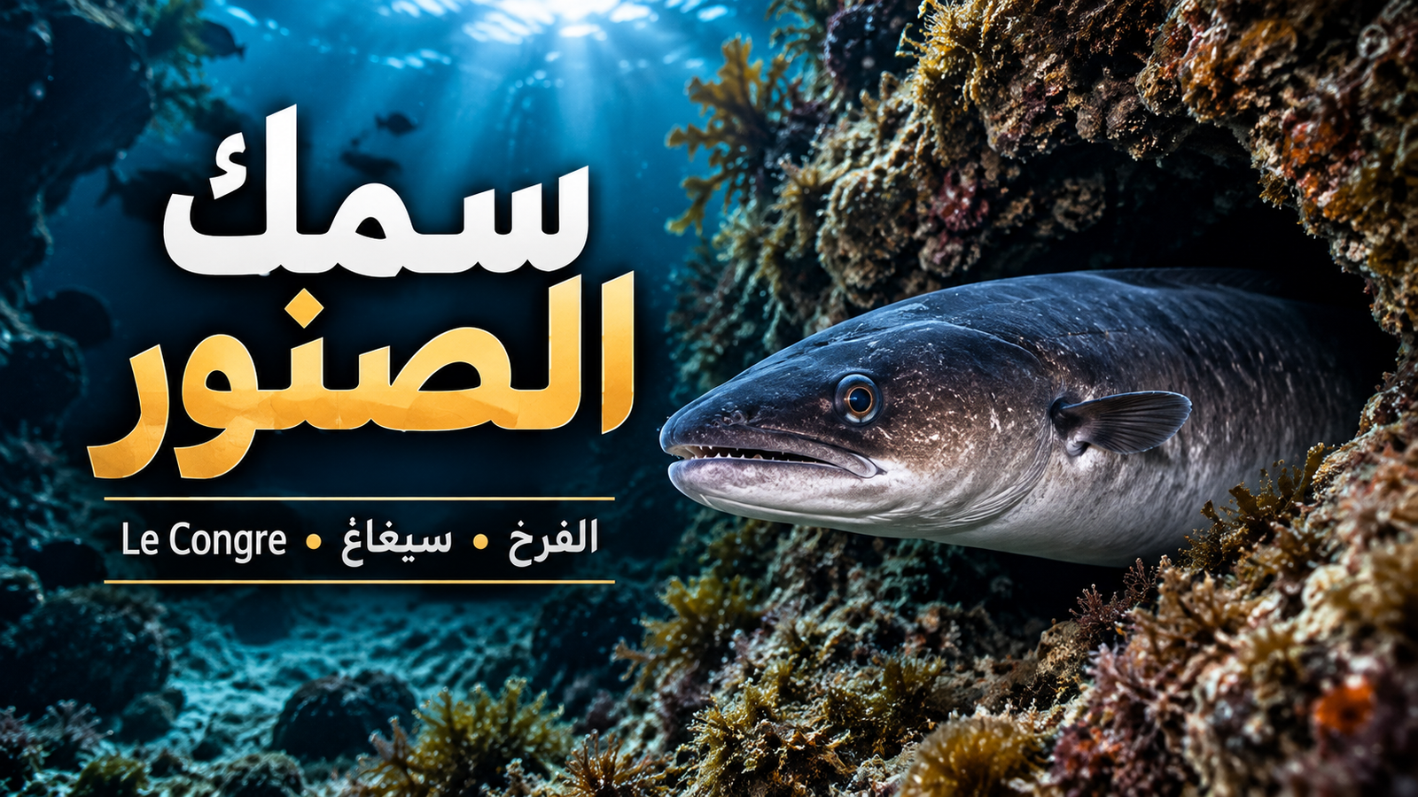 سمك الصنور (الفرخ، سيغاغ) Conger conger يخرج من شق صخري تحت الماء، مع إبراز رأسه وأسنانه وزعنفته الصدرية.