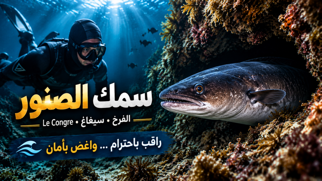 غواص يراقب سمك الصنور بين الصخور تحت الماء في صورة توعوية عن احترام الحياة البحرية وسلامة الغوص.