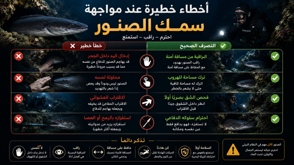 أنفوغرافيك سلامة يوضح أخطاء خطيرة عند مواجهة سمك الفرخ أو الصنور تحت الماء مع مقارنة بين التصرفات الخاطئة والسلوك الآمن للغواصين داخل الشقوق الصخرية