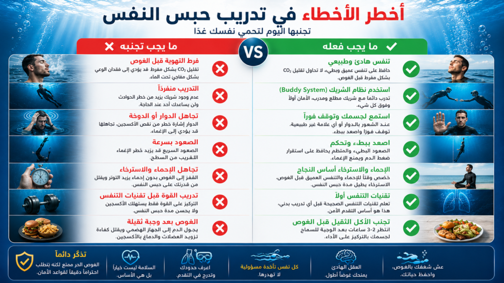أخطر أخطاء حبس النفس في الغوص الحر — أنفوغرافيك تحذيري يشرح أخطاء فرط التهوية، التدريب منفردًا، وتجاهل إشارات الجسم أثناء الغوص