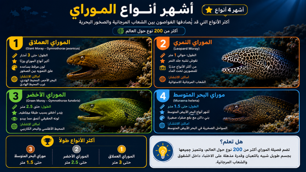 إنفوغرافيك يقارن أشهر أنواع سمك الموراي في العالم، بما في ذلك الموراي العملاق والموراي النمري والموراي الأخضر وموراي البحر المتوسط، مع عرض خصائصها وأحجامها وأماكن انتشارها في البحار والمحيطات.