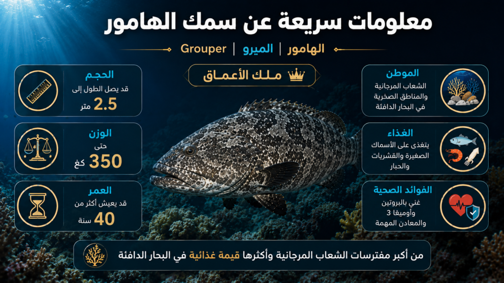 أنفوغرافيك احترافي عن سمك الهامور (الميرو  Grouper) يعرض حجمه ووزنه وموطنه وغذاءه وفوائده الصحية داخل الشعاب المرجانية