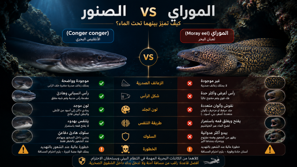 أنفوغرافيك احترافي يقارن بين سمك الفرخ أو الصنور والموراي تحت الماء مع توضيح الفرق في الشكل والسلوك والخطورة داخل البيئة البحرية الصخرية