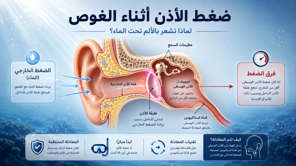 أنفوغرافيك طبي يشرح ضغط الأذن أثناء الغوص وكيف يؤدي فرق الضغط إلى انحناء طبلة الأذن مع توضيح قناة استاكيوس وتقنيات المعادلة لحماية السمع تحت الماء
