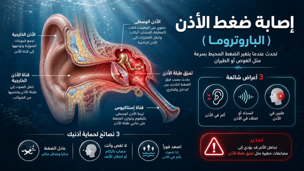 أنفوغرافيك طبي يوضح إصابة ضغط الأذن (الباروتروما) عند الغواصين مع إبراز تمزق طبلة الأذن وتأثير فرق الضغط على الأذن الوسطى، إضافة إلى أهم الأعراض وطرق الوقاية أثناء الغوص