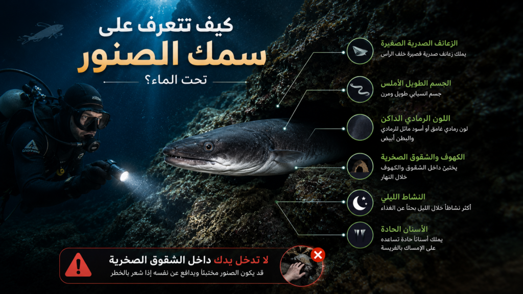 أنفوغرافيك يشرح كيفية التعرف على سمك الفرخ أو الصنور تحت الماء مع غواص يواجه الأنقليس البحري داخل الصخور وتوضيح أهم خصائصه وسلوكياته