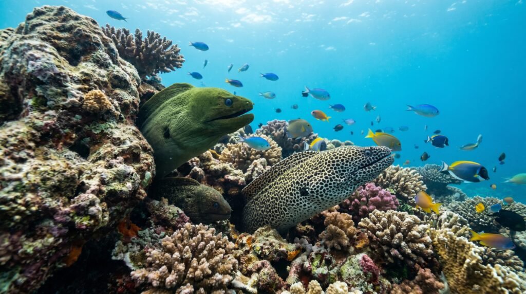 أنواع مختلفة من سمك الموراي داخل الشعاب المرجانية