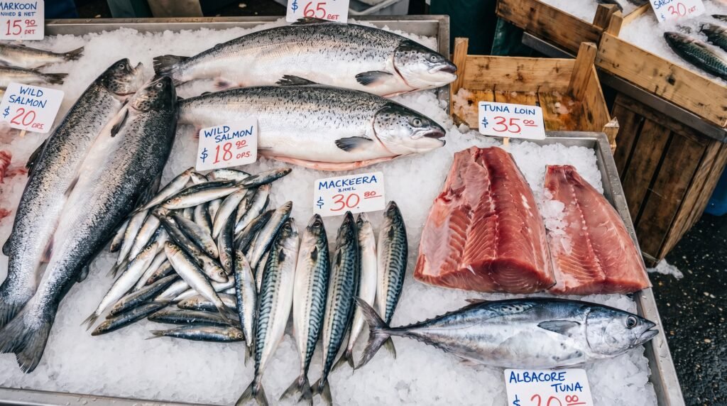 أنواع من الأسماك الدهنية الغنية بالأوميغا 3 مثل السلمون والسردين