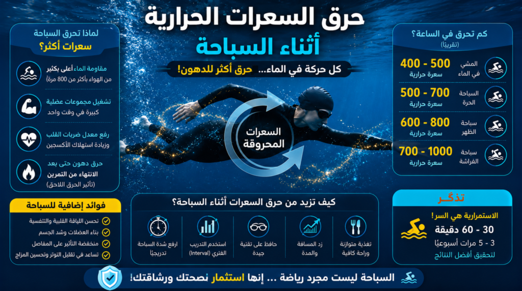 إنفوجرافيك عربي يوضح كيف تساعد السباحة على حرق السعرات الحرارية وتقوية العضلات مع مقارنة بين أنواع السباحة وعدد السعرات المحروقة