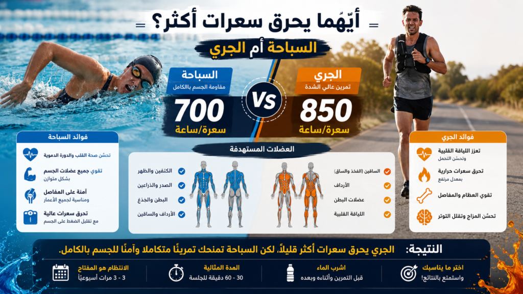 إنفوجرافيك يقارن بين السباحة والجري من حيث حرق السعرات الحرارية وتقوية العضلات وفوائد كل رياضة للجسم