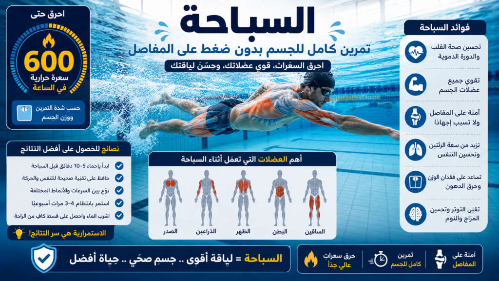 إنفوجرافيك يوضح فوائد السباحة للجسم وحرق السعرات الحرارية مع إبراز العضلات التي تعمل أثناء السباحة داخل المسبح