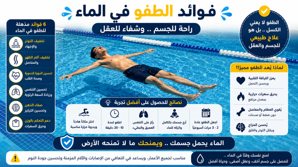 إنفوجرافيك يوضح فوائد الطفو في الماء وتأثيره على الاسترخاء وصحة المفاصل وتحسين التنفس وتقليل التوتر