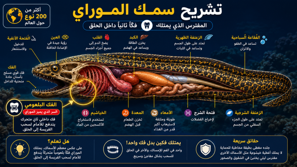 إنفوغرافيك تشريحي لسمك الموراي (المرينة) يوضح الأعضاء الداخلية والفك البلعومي الفريد، مع شرح كيفية استخدامه لفك ثانٍ داخل الحلق لسحب الفريسة وابتلاعها.