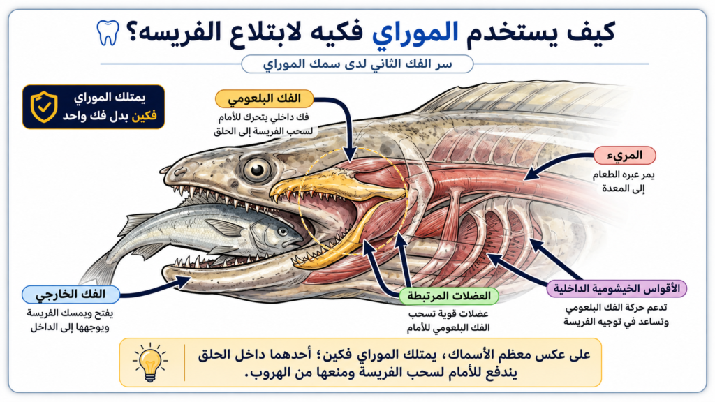إنفوغرافيك يشرح آلية الفك البلعومي لدى سمك الموراي (المرينة)، ويوضح كيف يستخدم فكين مختلفين لسحب الفريسة إلى الحلق ومنعها من الهروب.