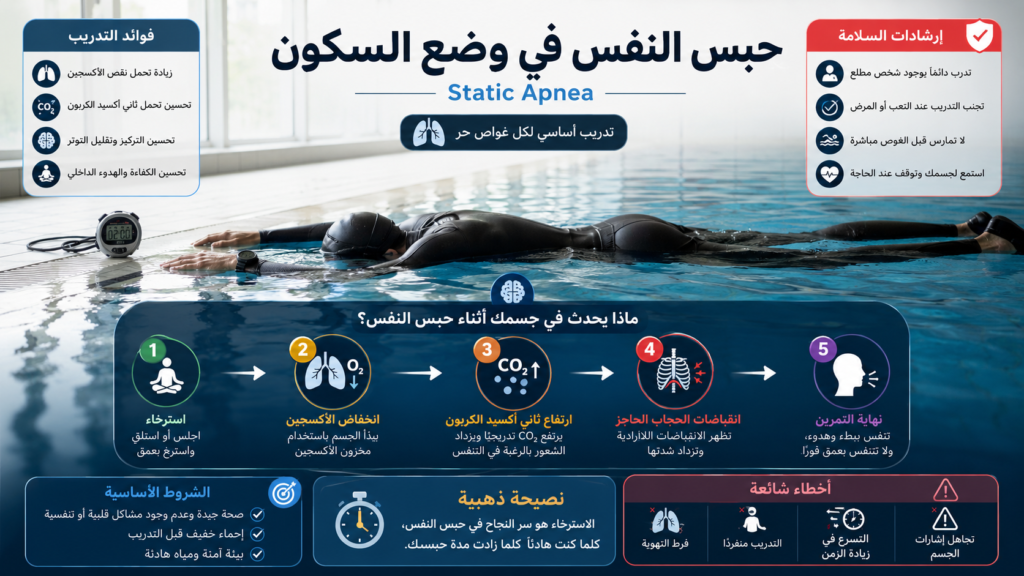 إنفوغرافيك يشرح تمرين حبس النفس في وضع السكون (Static Apnea)، مع توضيح المراحل الفسيولوجية التي يمر بها الجسم أثناء حبس النفس، وأهم قواعد السلامة والأخطاء الشائعة التي يجب تجنبها في الغوص الحر.