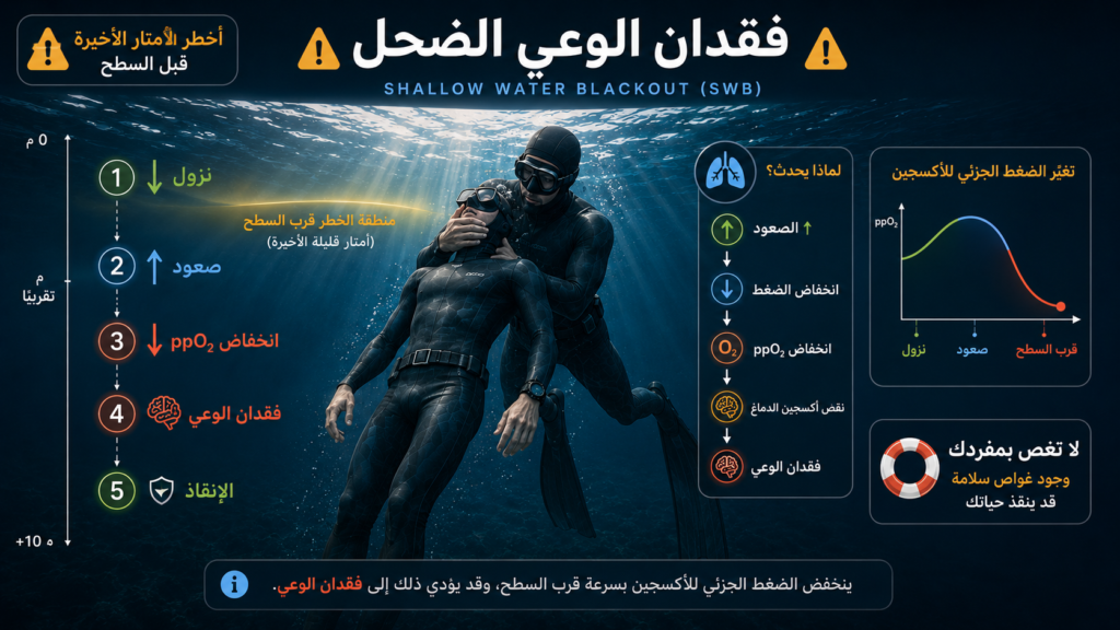 إنفوغرافيك يشرح فقدان الوعي الضحل (Shallow Water Blackout - SWB) في الغوص الحر، موضحًا سبب حدوثه قرب السطح، وانخفاض الضغط الجزئي للأكسجين أثناء الصعود، ودور غواص السلامة في إنقاذ الغواص الفاقد للوعي.