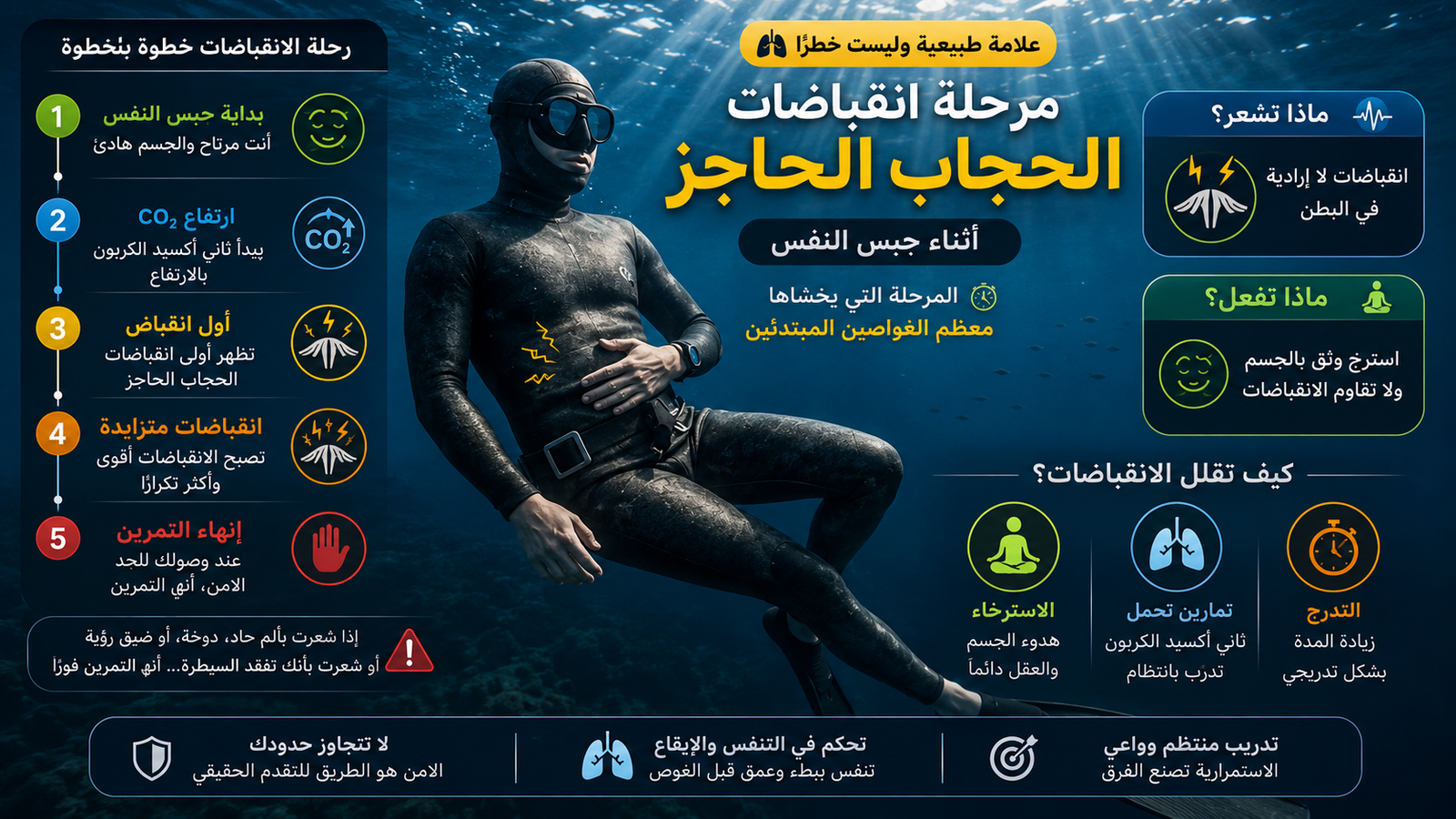 إنفوغرافيك يشرح مرحلة انقباضات الحجاب الحاجز أثناء حبس النفس في الغوص الحر، مع غواص تحت الماء يمر بأول علامات ارتفاع ثاني أكسيد الكربون، وتسلسل يوضح تطور الانقباضات وأفضل الطرق للتعامل معها بأمان.
