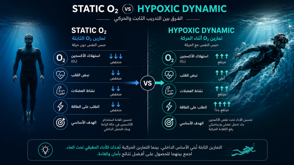 إنفوغرافيك يقارن بين Static O₂ Training وHypoxic Dynamic Training، موضحًا الفروق في استهلاك الأكسجين، ومعدل ضربات القلب، ونشاط العضلات، والطلب على الطاقة، وأهداف كل أسلوب تدريبي في الغوص الحر.